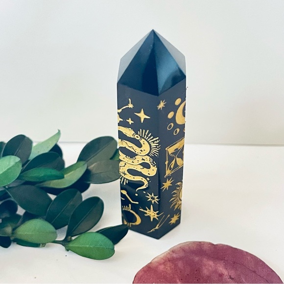 New Natural Obsidian Carved Artisan Sun 24k Gold Tower Point Crystal Decoration - Picture 3 of 16